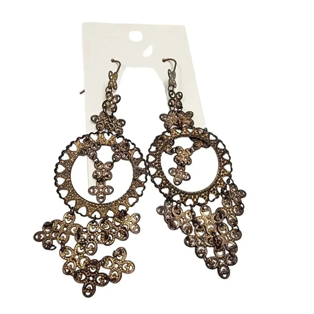 Vintage 60s-70s Ornate Filigree Openwork Heat Dangle Drop Hook Earrings